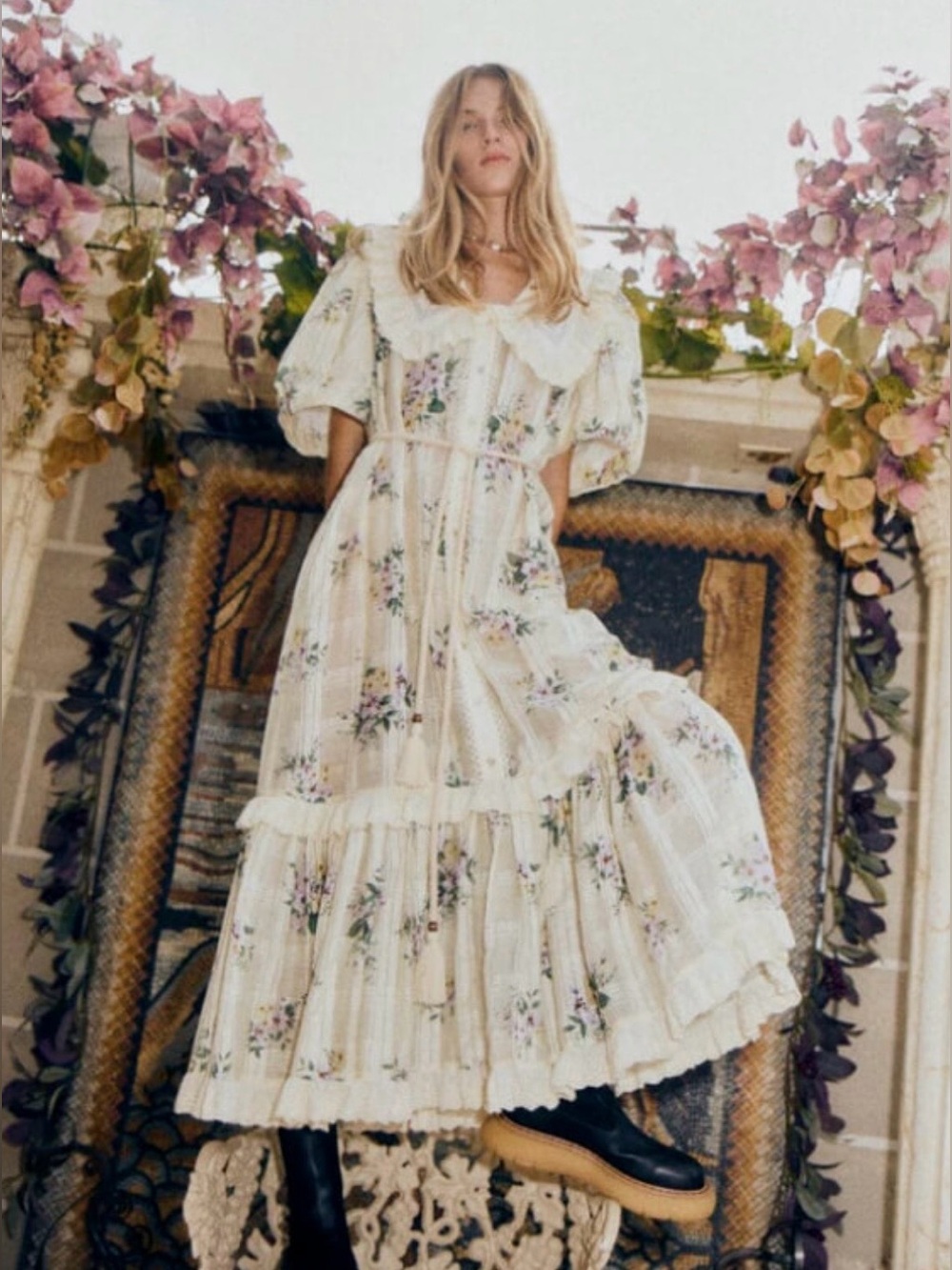 ALEMAIS Margot floral plaid midi dress frill lace ruffles cream puff collar NWT
